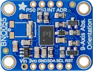 A blue Adafruit 2472 circuit board
                    labeled BNO055, 9-Axis Absolute Orientation.