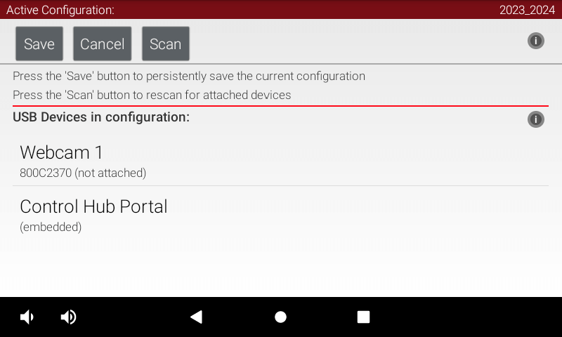 The Driver Station's “Robot Configuration” screen after opening the
                    “2023_2024” configuration for editing. Two USB devices are listed for this
                    configuration: “Webcam 1” and “Control Hub Portal”.