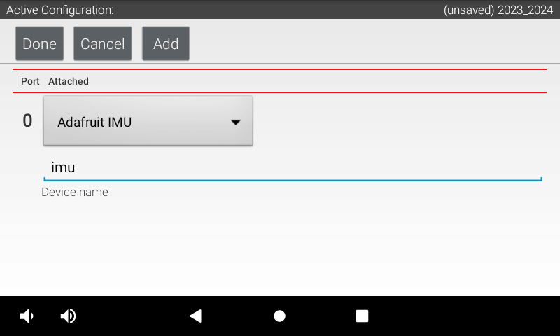The Driver Station's “Robot Configuration” screen after renaming the
                    “Adafruit IMU” device on port zero of “I2C Bus 1” to “imu”.