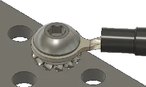 A 3D rendering of a grounding strap's
                    ring terminal fastened to aluminum extrusion, with a toothed lock washer in
                    between that has scratched through the extrusion's anodized coating.
