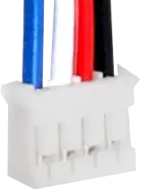 The JST PH4 connector at the end of a REV
                    Robotics REV-31-1407-PK4 sensor cable. With its contacts facing down and cable
                    going upwards, viewed from the side with four small holes exposing the pins'
                    locking tabs, the cable's wires from left to right are colored blue, white, red,
                    black.